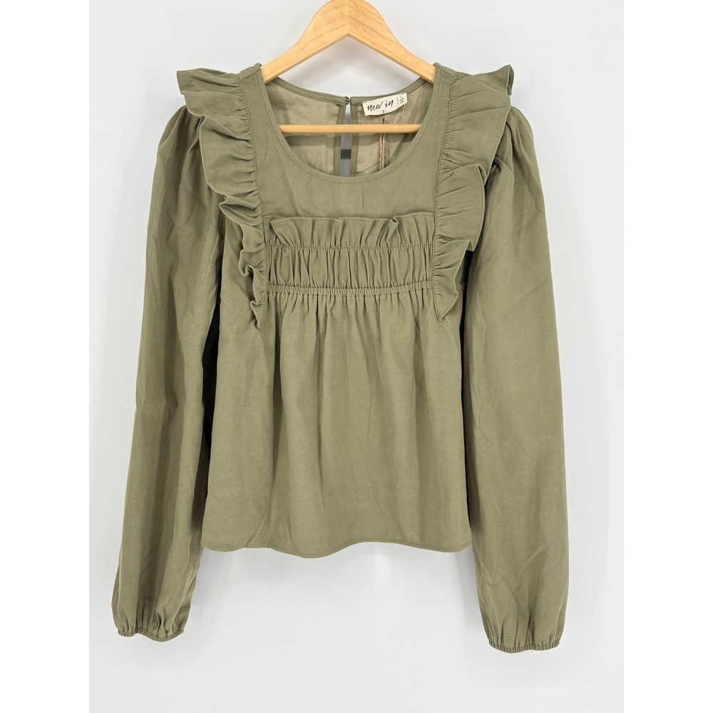 Very J New In Ruffle Smocked Blouse Womens Large Olive Green Long Sleeve Boho - Picture 4 of 14